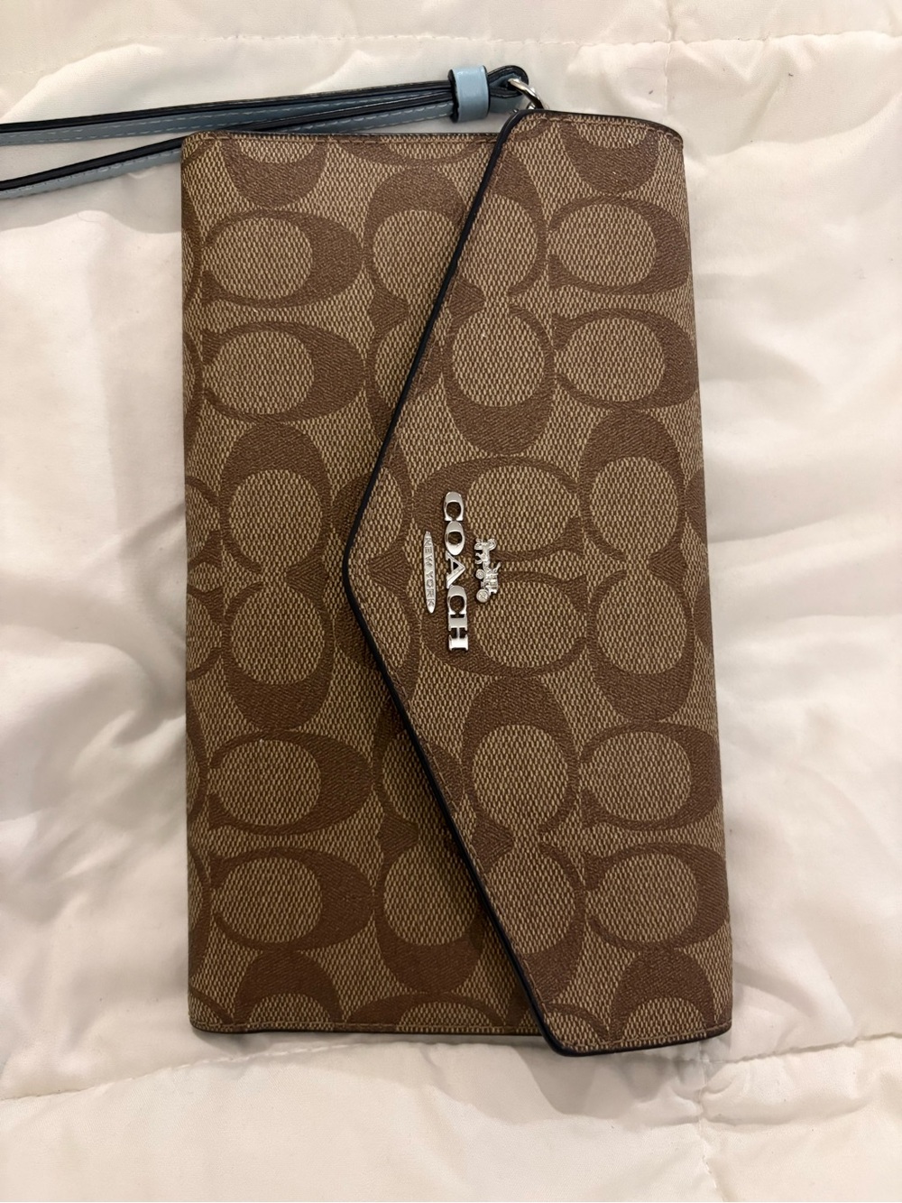 Coach Brown Monogram Canvas Clutch Wallet with Light Blue Strap